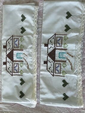 Grannycore Hand Cross-stitched House pillowcase set with crocheted trim